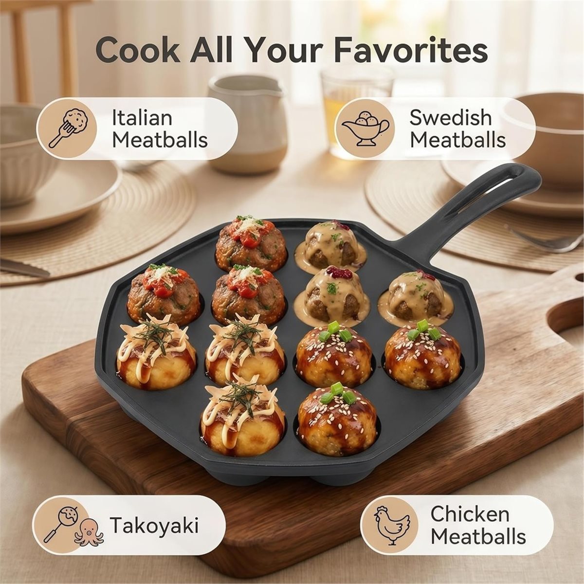 Takoyaki Pan Cast - 鋳鉄製たこ焼き器 12穴 エブレスキバーパンケーキパフパン フォークとブラシ付き、オーブン対応