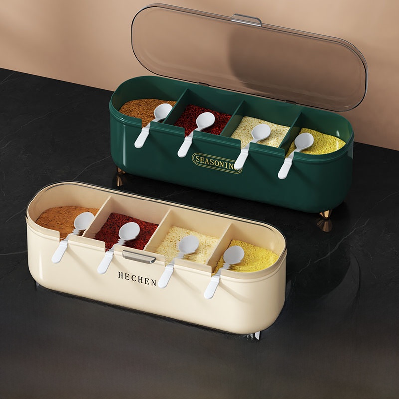 Home Cooking Set - キッチン調味料ボックスセット多グリッド一体型収納塩調味料4グリッド収納ボックス家庭用調理器具プラスチック製