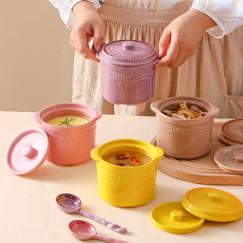 Home Cooking Help - 二重蓋セラミックボウル、鳥の巣蒸し卵ボウルデザートカップストックポット沸騰、煮る調理ポットキッチン調理ツール