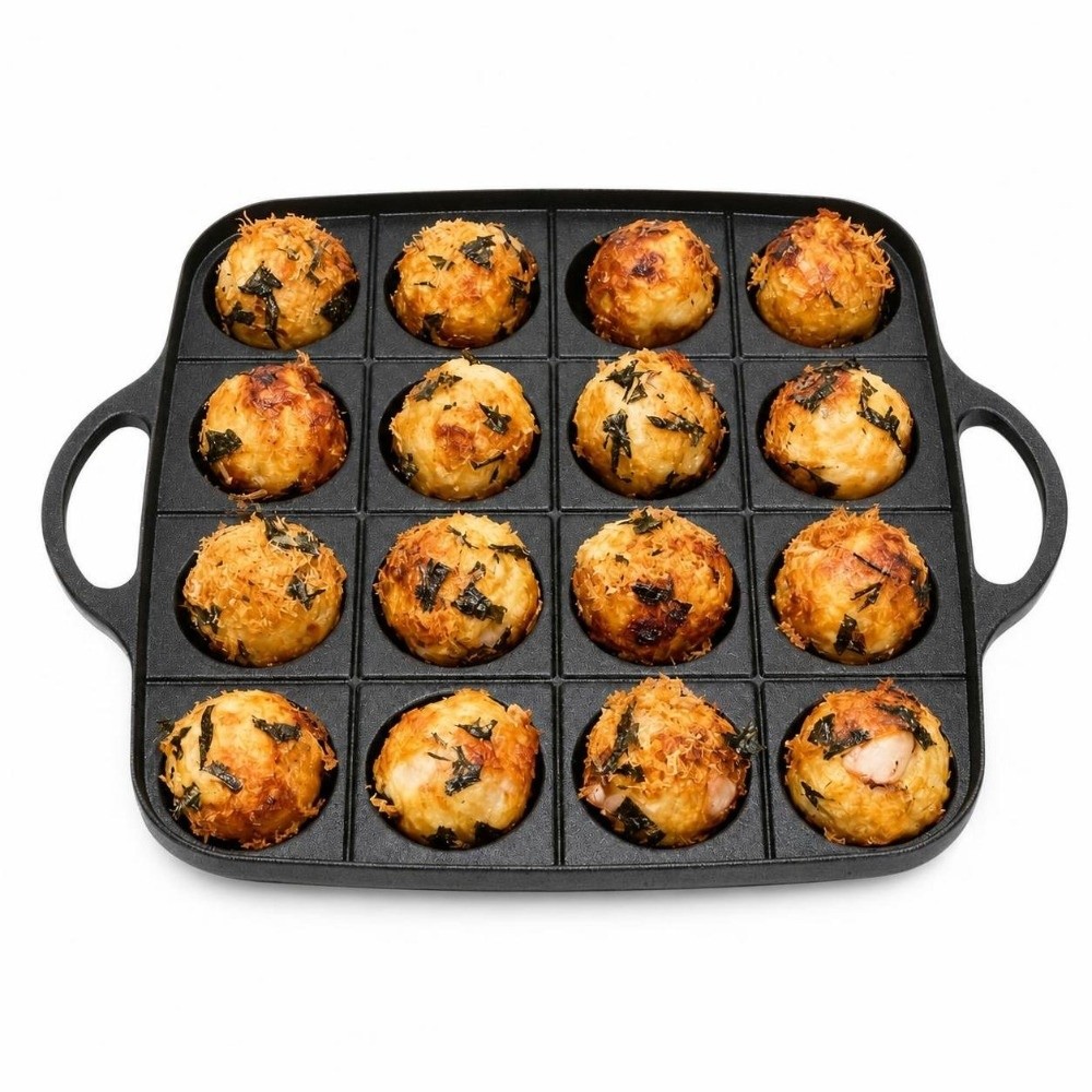 Takoyaki Pan Cast - 耐久性のある黒色のたこ焼き器、ノンスティック加工の鋳造アルミニウム製16穴調理鍋、ダブルハンドルのたこ焼きグリルパン、自家製日本のスナック用