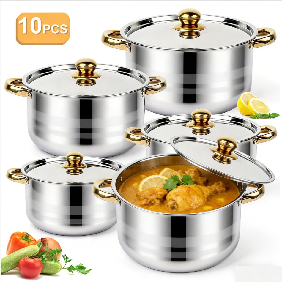 Home Cooking Set - ステンレス製鍋セット モダンラグジュアリー調理器具 ストックポットセット シルバーボディ ゴールドハンドル 10点セット