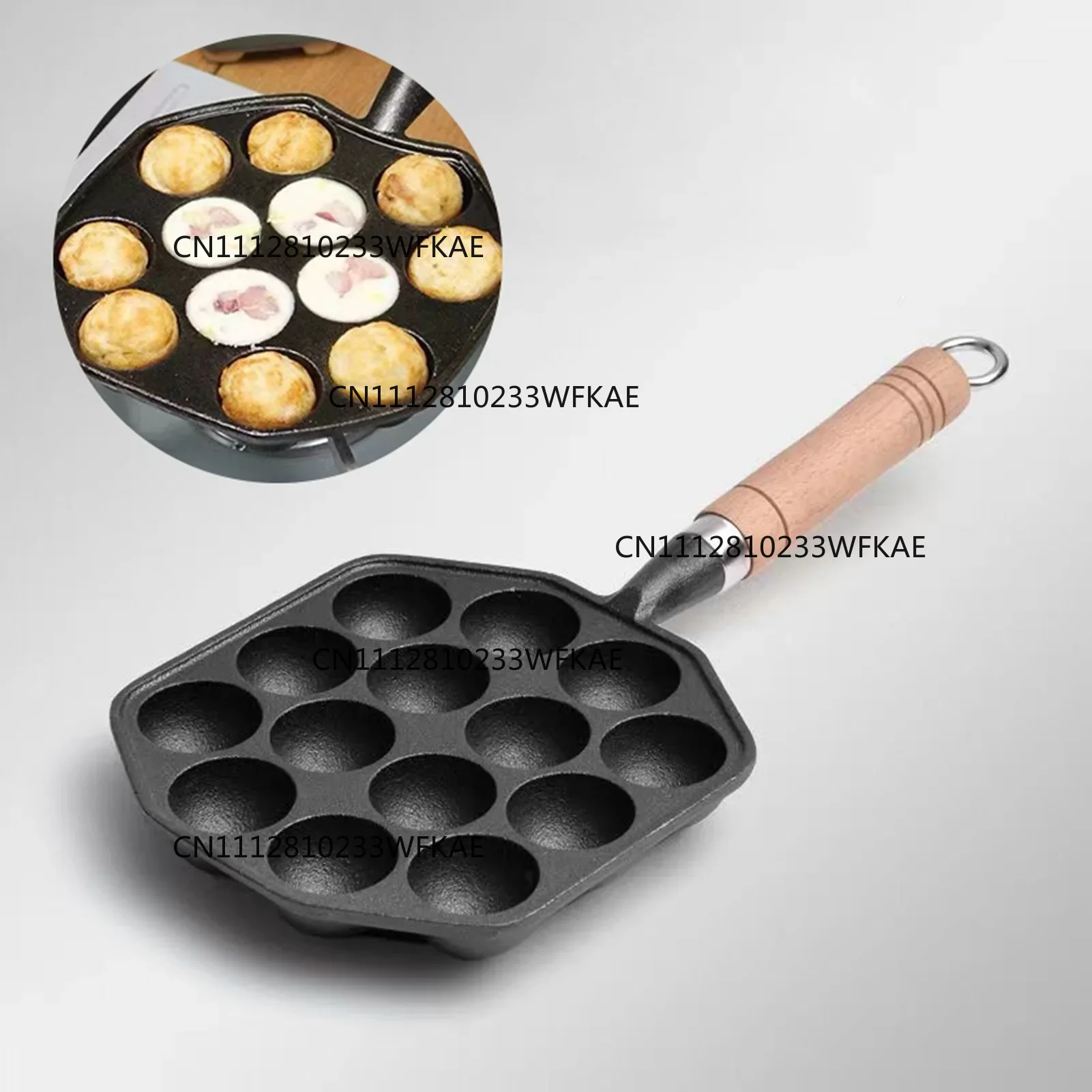 Takoyaki Pan Cast - 14穴のたこ焼き器、焦げ付き防止加工、鋳鉄製、取り外し可能なハンドル付き。家庭でのパンケーキ作りにも。