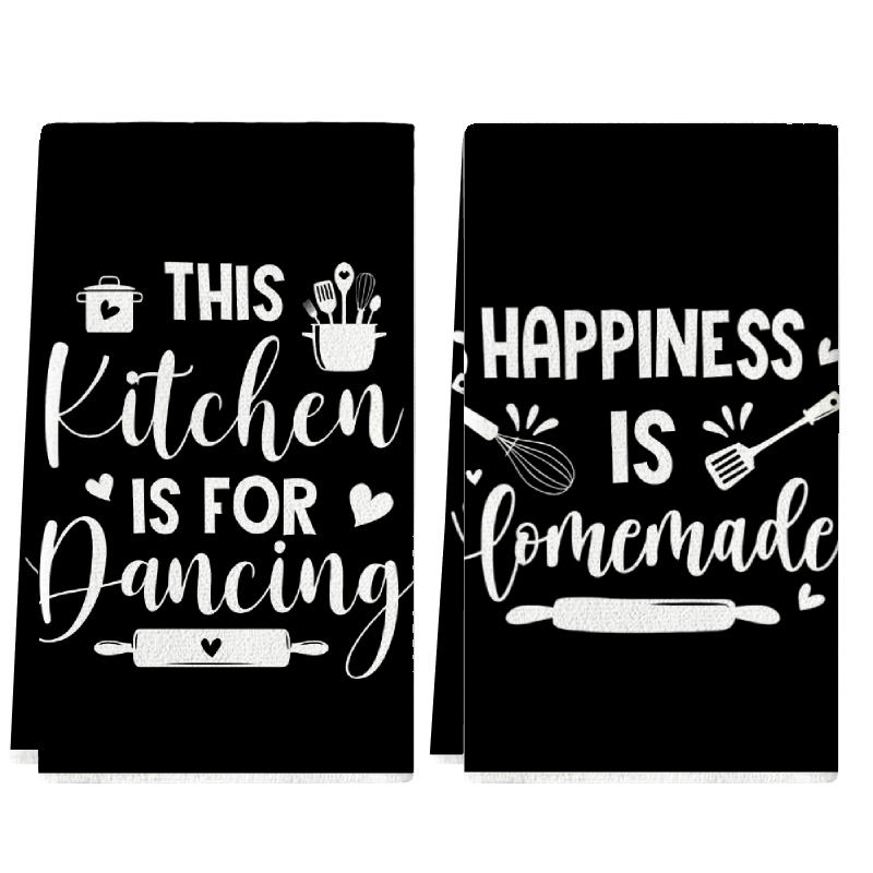 Home Cooking On - 2枚セット、黒地に楽しい文字が入ったキッチンタオル、40cm*60cmタオルセット、超吸収性ソフトクリーニングクロス、クッキング＆ベーキングティータオル、ハンドタオル、クリーニングクロス、ディッシュクロス、キッチン装飾、リビングルーム装飾、キッチン必需品、家庭必需品
