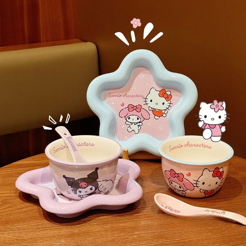 漫画猫プリントセラミック食器セット高価値ボウルプレート箸スプ - Home Cooking Set のレビューと価格