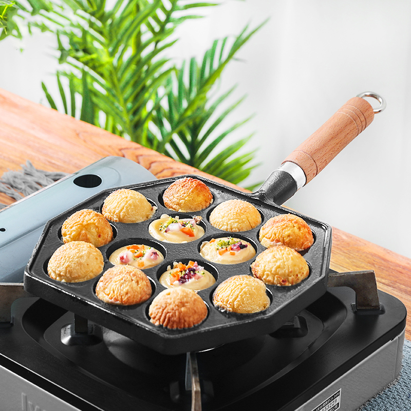 12/14穴の木製ハンドル付きタコボール,フライパン,鋳鉄型 - Takoyaki Pan Cast のレビューと価格